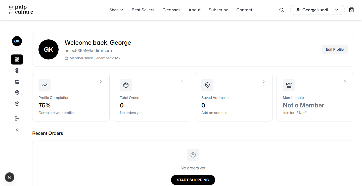 Pulpculture customer account overview