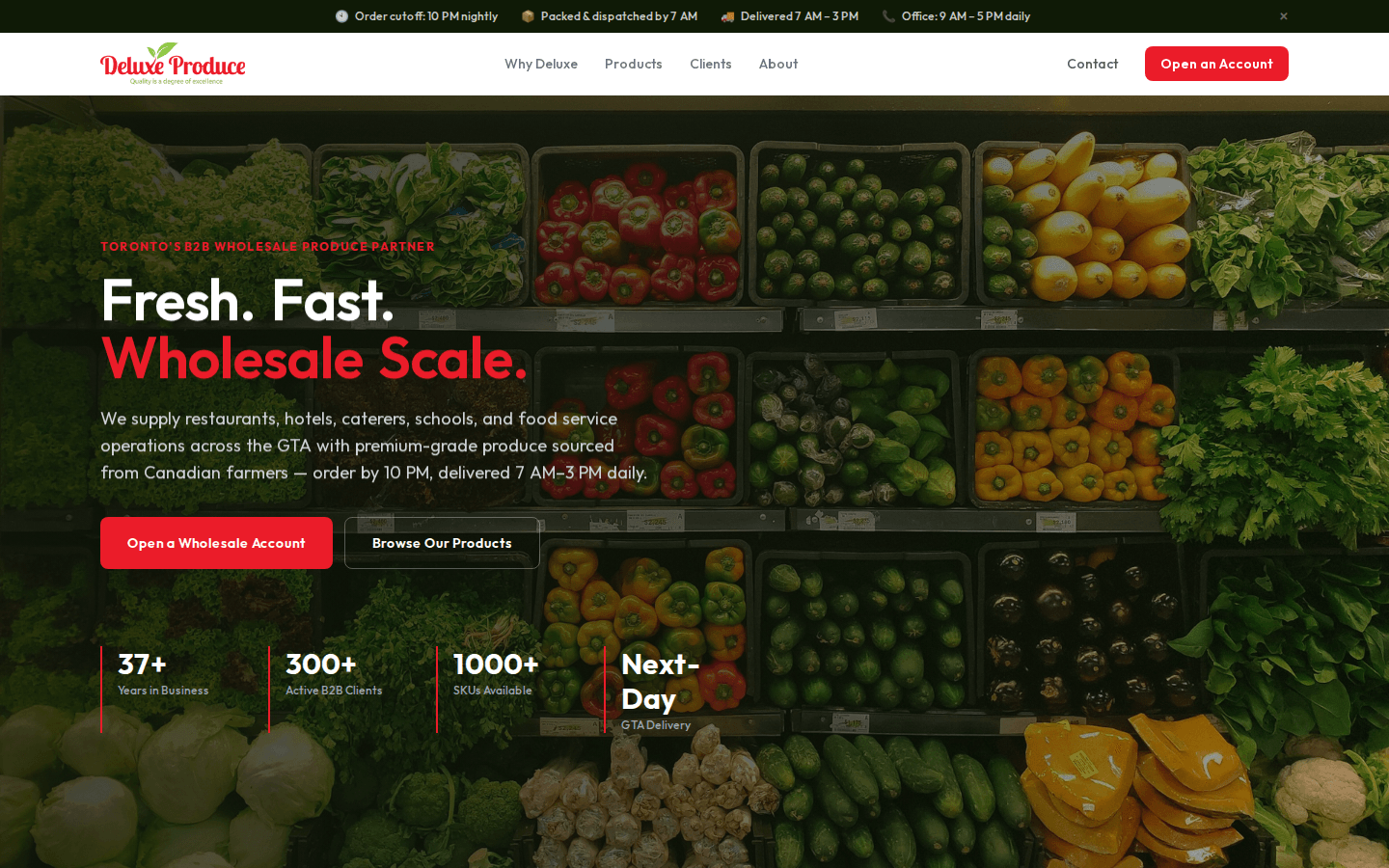 Deluxe Produce homepage hero showing wholesale produce positioning.