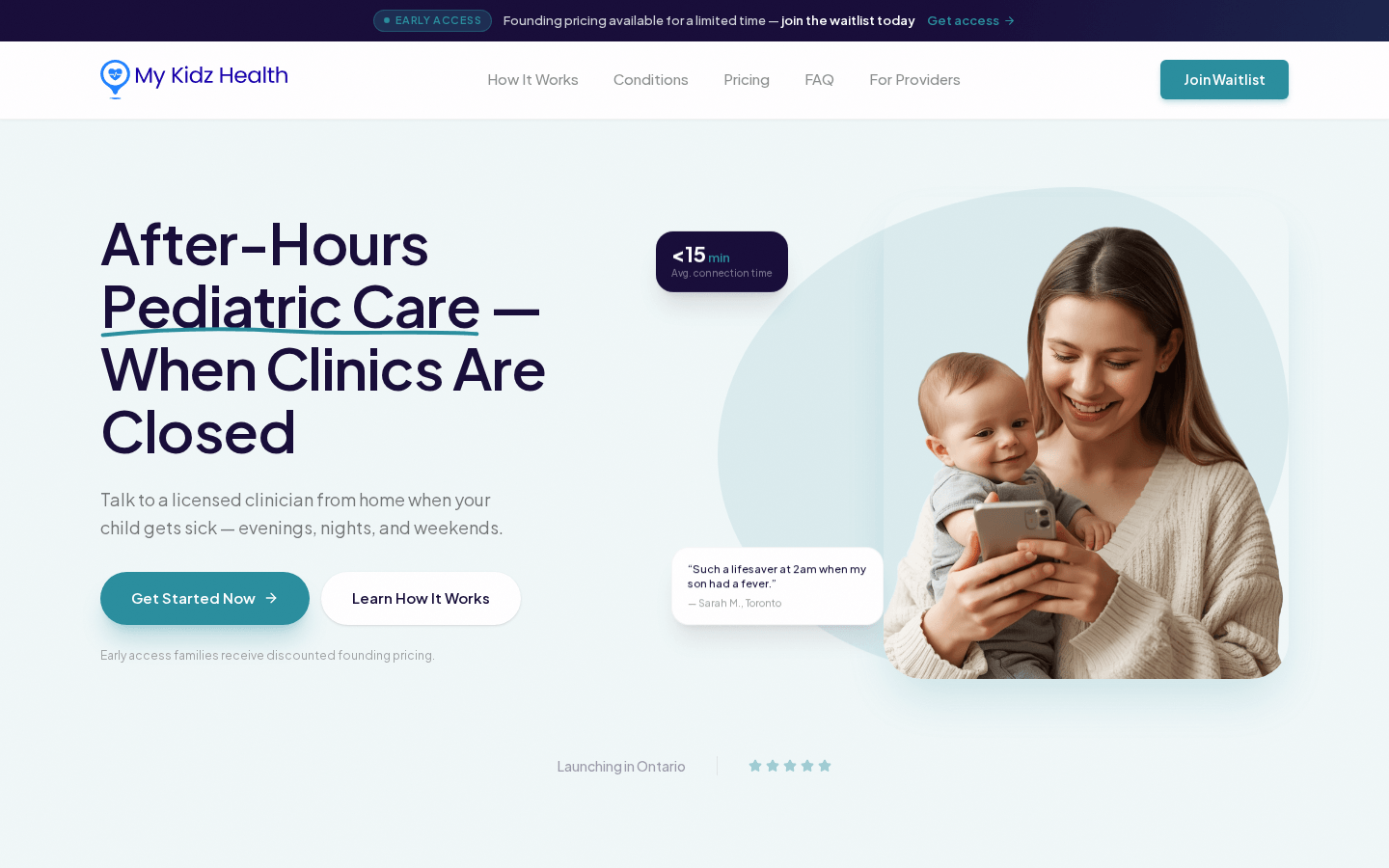 MyKidzHealth homepage hero showing after-hours pediatric care messaging.