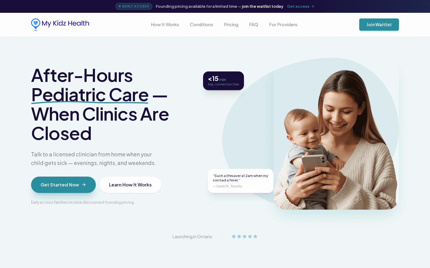 MyKidzHealth homepage hero showing after-hours pediatric care messaging.