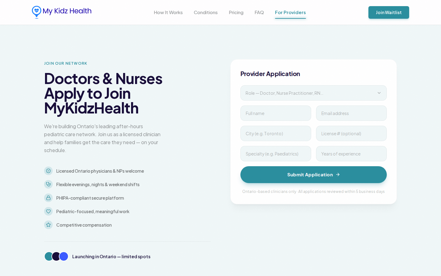 MyKidzHealth provider application page for doctors and nurses.