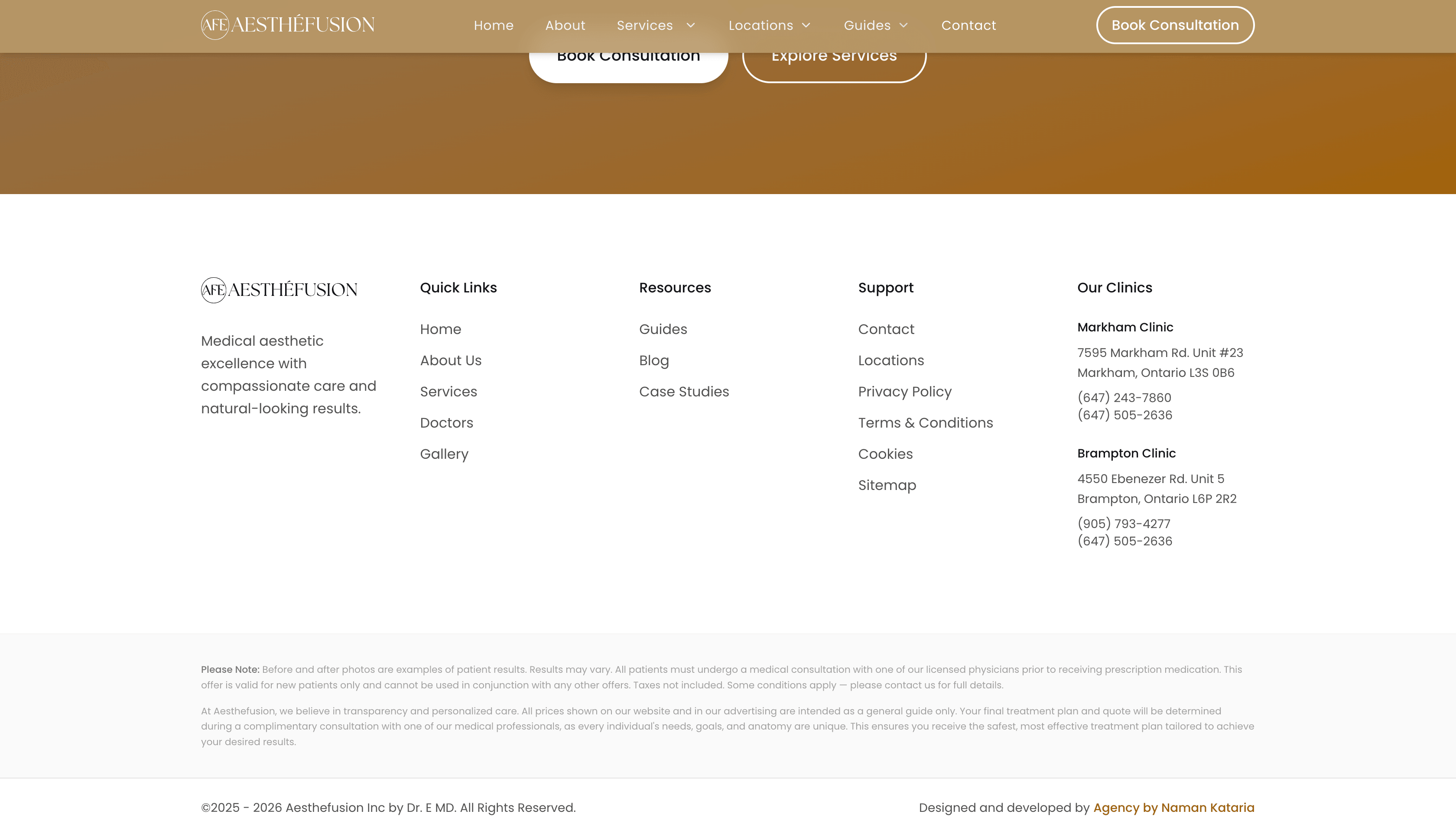 Aesthefusion services page displaying treatment categories including injectables, laser treatments, and IV therapy with elegant card-based layout