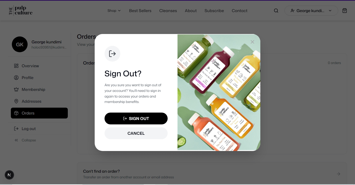 Sign out Modal for Pulpculture