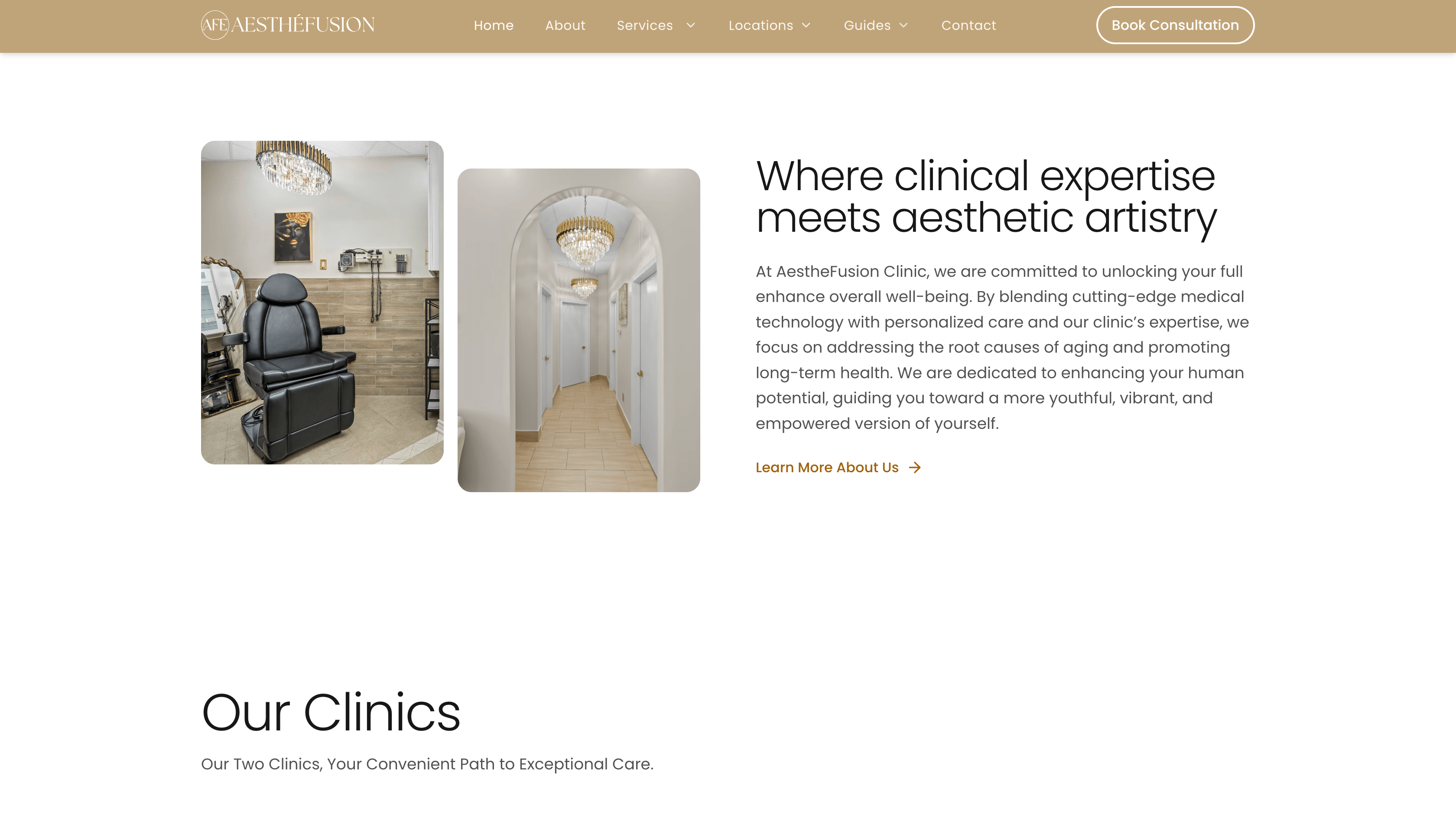 Aesthefusion contact page with multi-location selection, appointment request form, and clinic operating hours