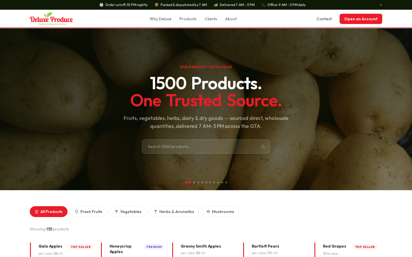 Deluxe Produce product catalogue page with search and category filters.