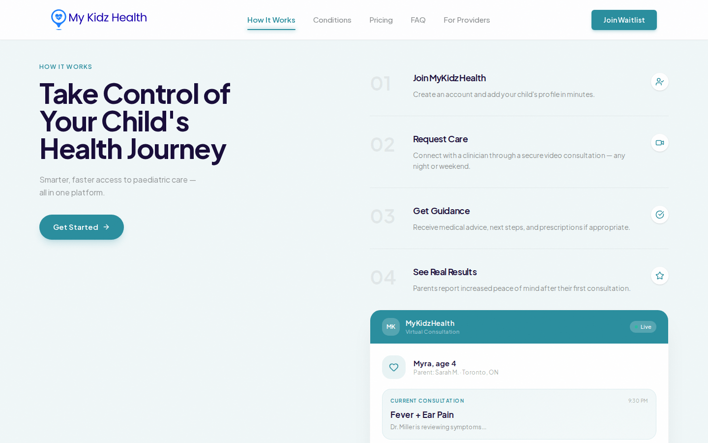 MyKidzHealth how-it-works section explaining the care journey.